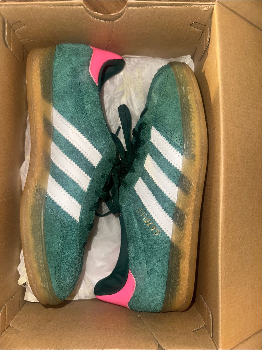 adidas Gazelle Green Suede Sneakers with Pink Heel Accent